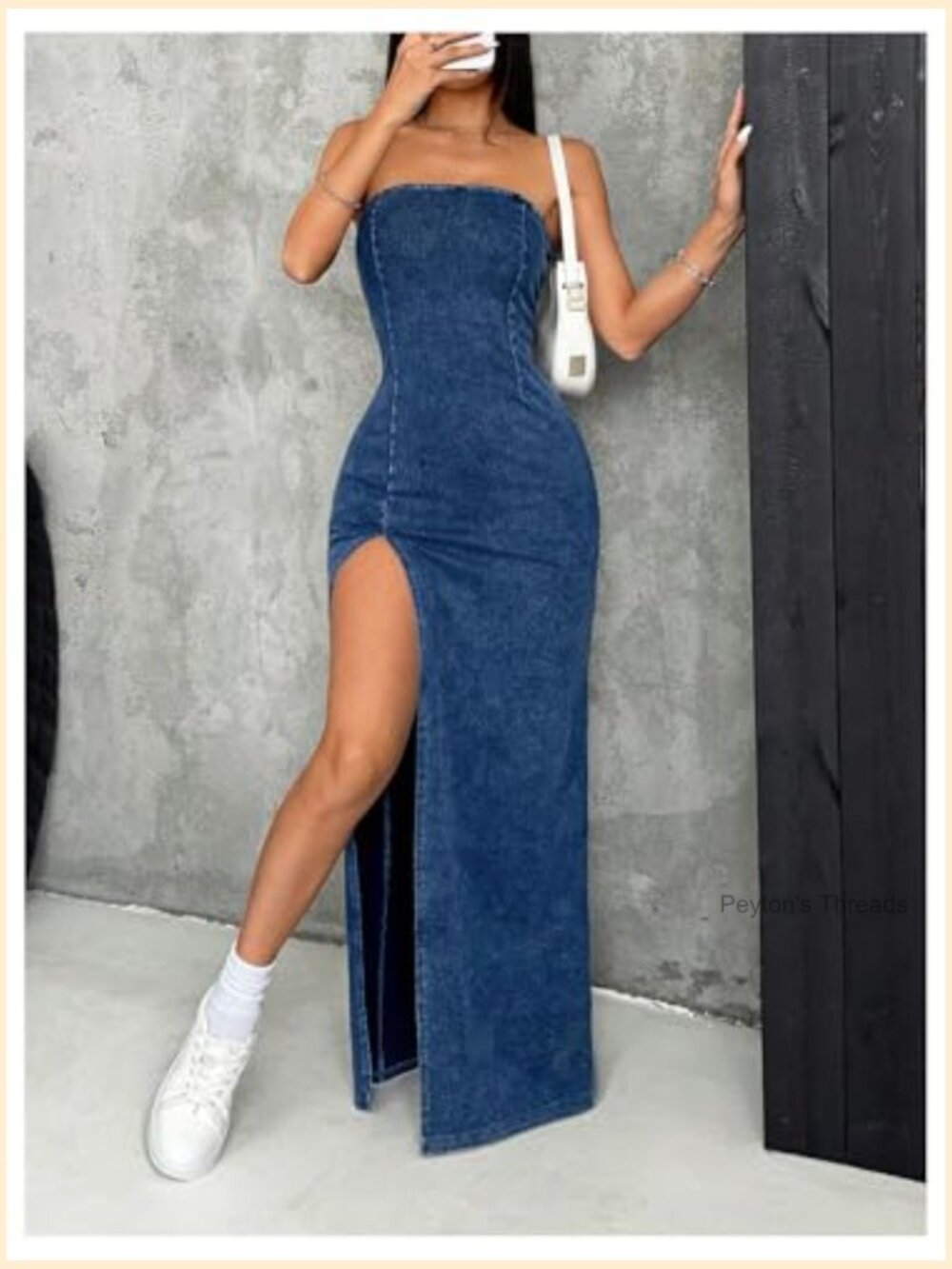 Strapless Denim Tube Dress Bodycon Maxi High Slit - Picture 5 of 5